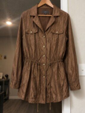 Vintage Forenza 100% Silk Brown Trench Coat Style Drawstring Jacket Sz Medium